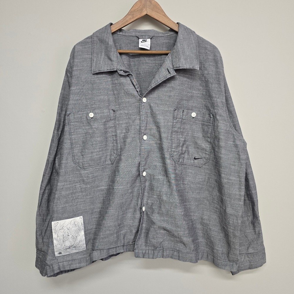 Nike Life Chambray Painter Shirt Mens XL Grey Button Up Long Sleeve Streetwear